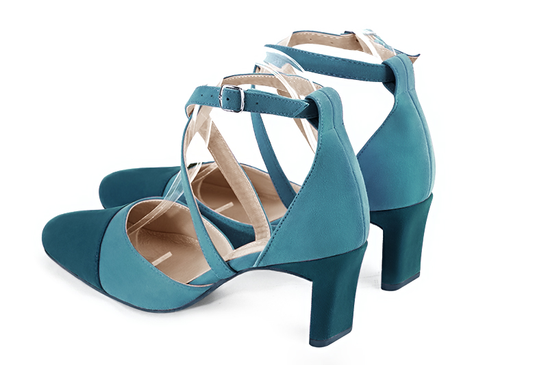 Peacock blue women's open side shoes, with crossed straps. Round toe. Medium comma heels. Rear view - Florence KOOIJMAN